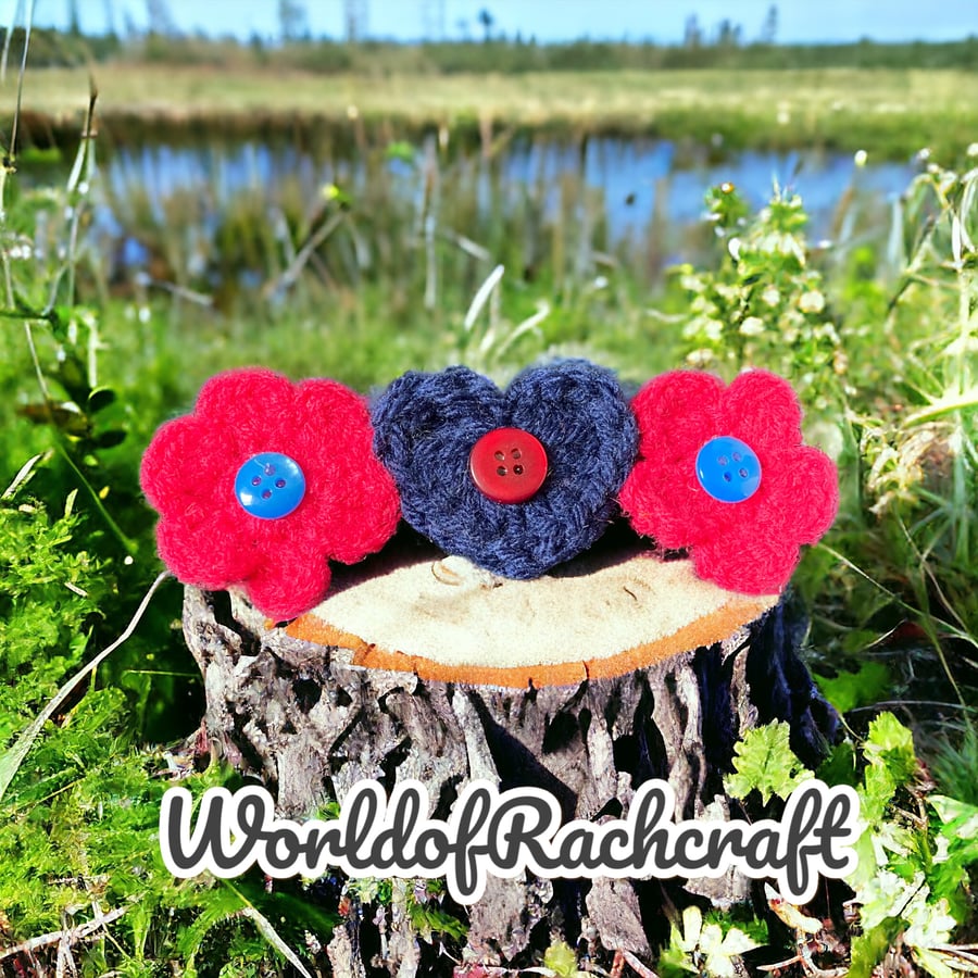 Crochet heart and flowers hair clip