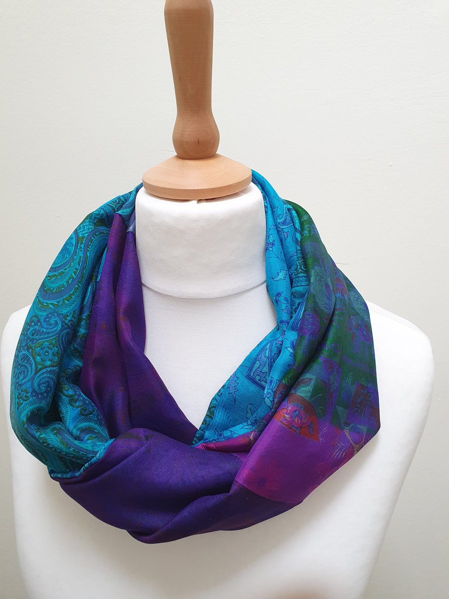 Sari silk double sided infinity scarf. jewel tones,gold braid, purple ,blue