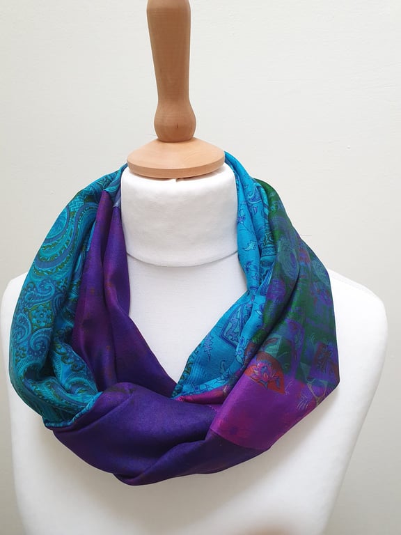 Sari silk double sided infinity scarf. jewel tones,gold braid, purple ,blue