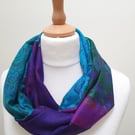Sari silk double sided infinity scarf. jewel tones,gold braid, purple ,blue