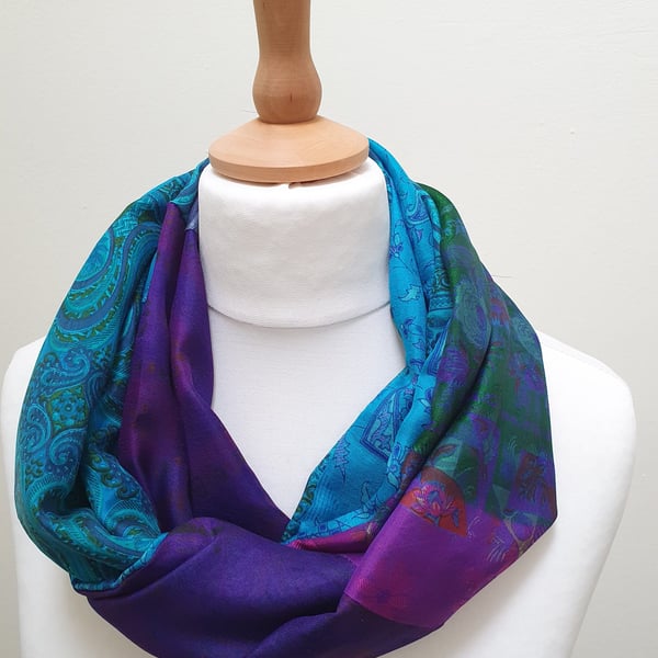 Sari silk double sided infinity scarf. jewel tones,gold braid, purple ,blue