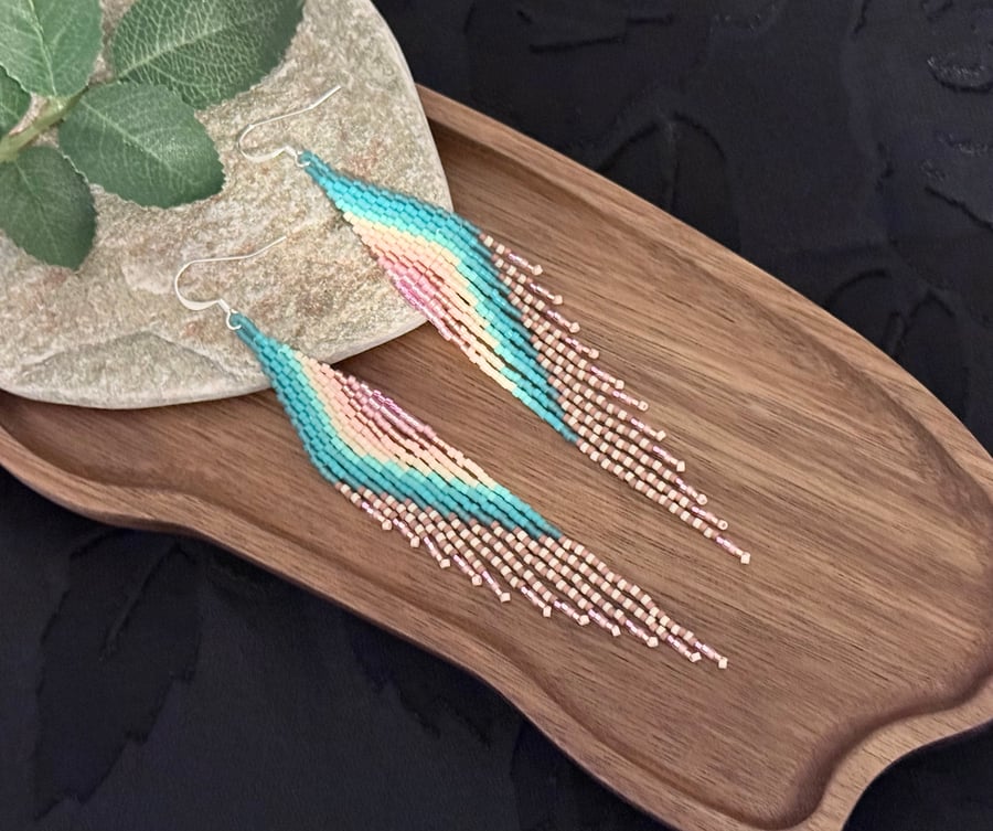 Pink and aqua blue beadwork feather fringe earrings 