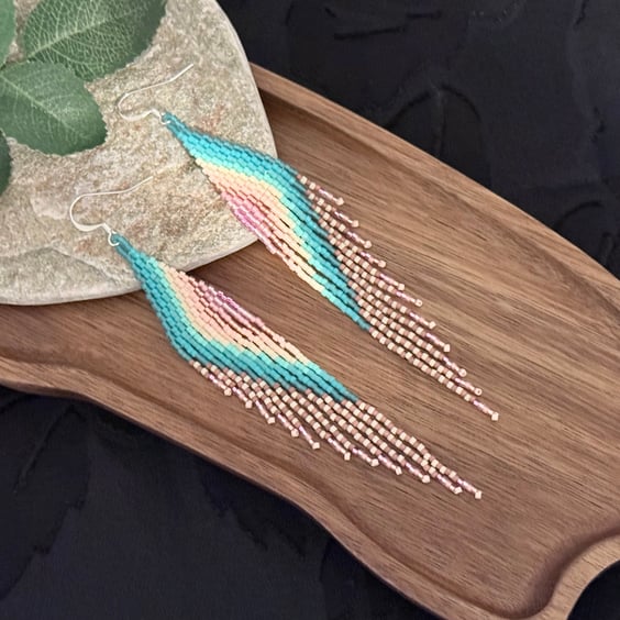 Pink and aqua blue beadwork feather fringe earrings 