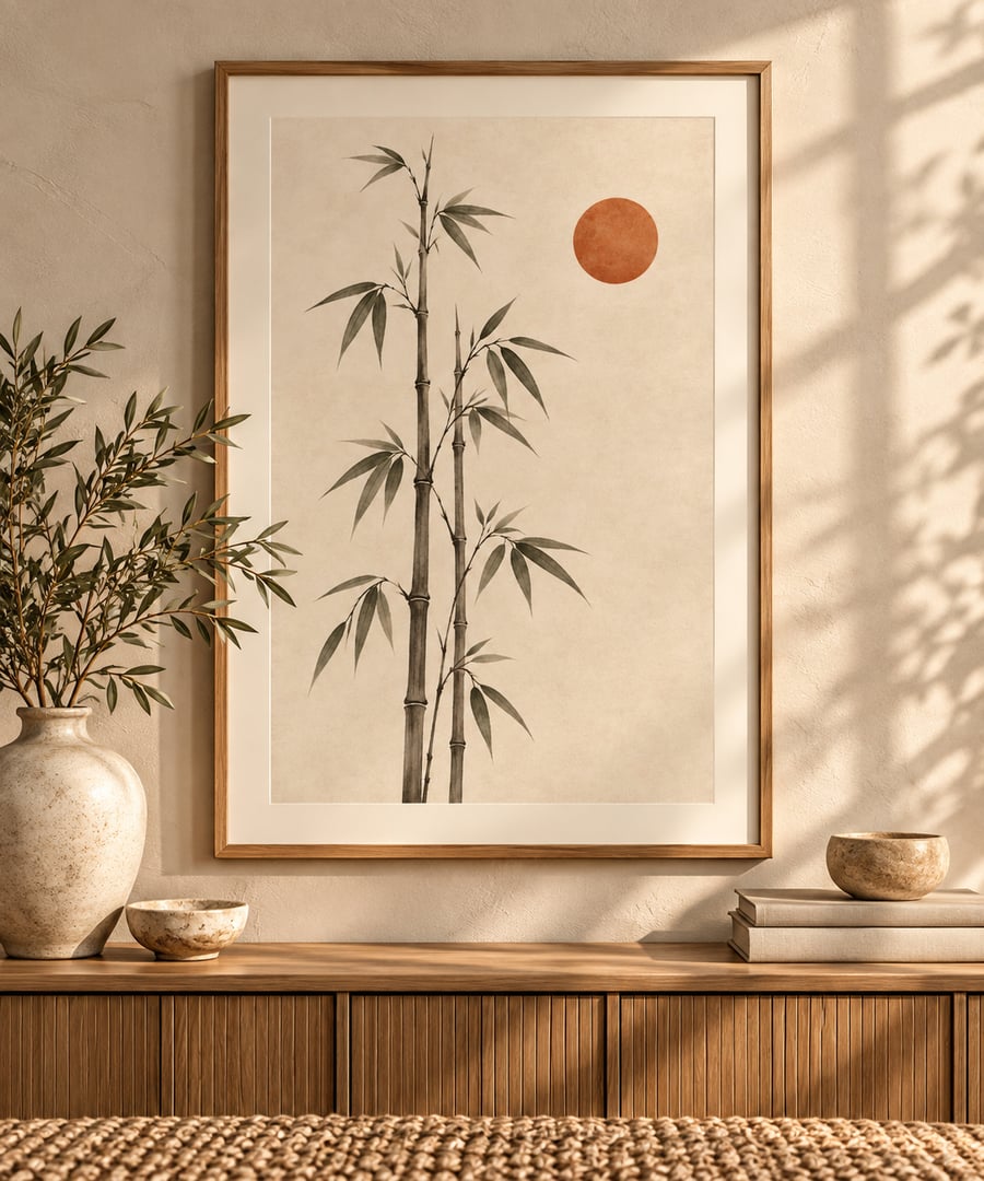 Bamboo and Moon Wall Art - Japandi Zen Print (Physical Print)