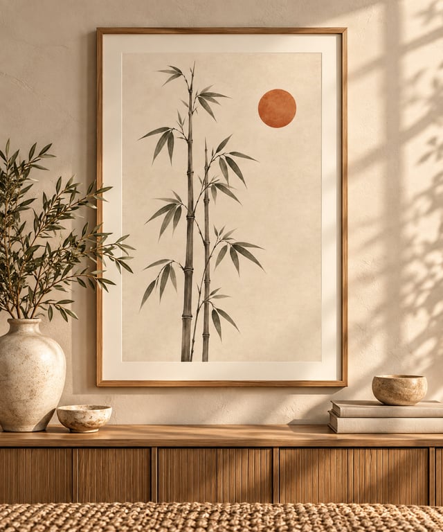 Bamboo and Moon Wall Art - Japandi Zen Print (Physical Print)