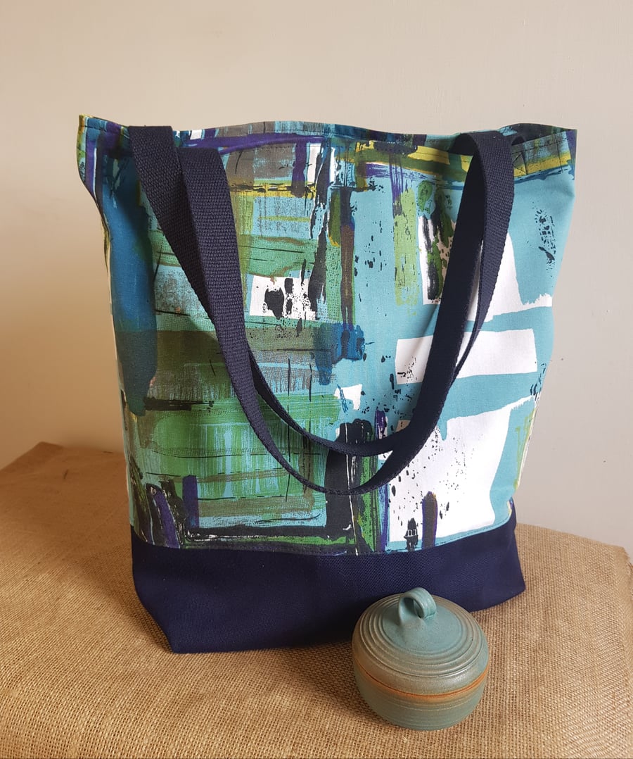 Large tote bag: repurposed vintage design fabric with contrasting canvas base