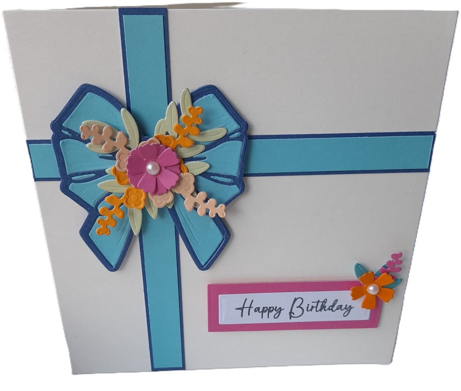 Handmade 3D Birthday Card – Present Style with Floral Bow – 15cm Square Card