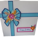 Handmade 3D Birthday Card – Present Style with Floral Bow – 15cm Square Card