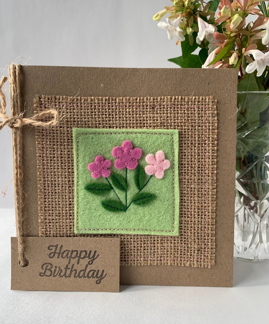 Handmade Birthday Card with pink flowers on mint green wool felt. Keepsake card.