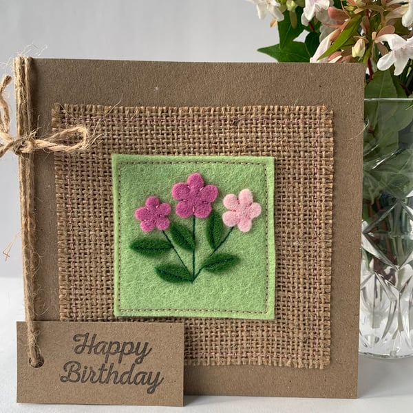 Handmade Birthday Card with pink flowers on mint green wool felt. Keepsake card.