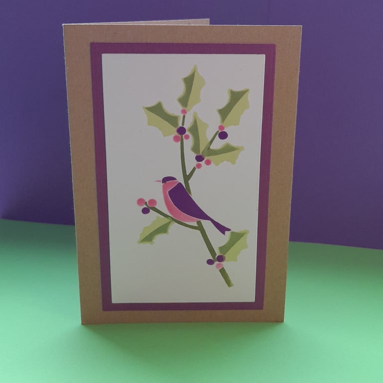 Robin & Holly Christmas Card - Bright - Purple & Lime - Handmade