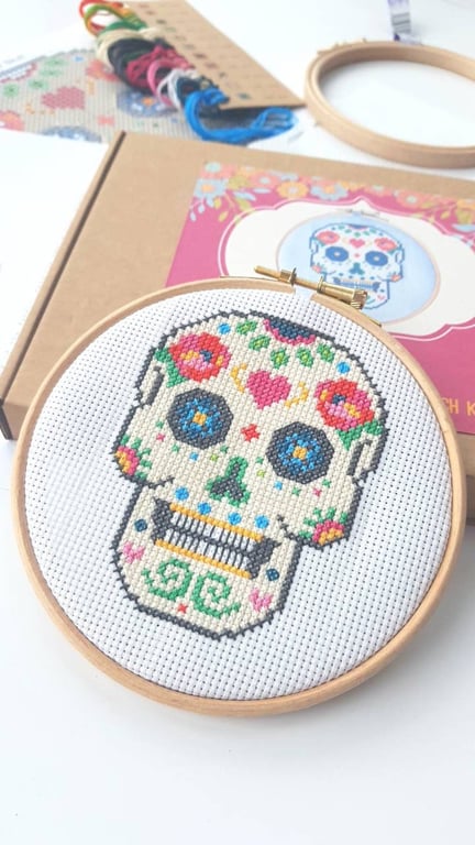 Modern Cross Stitch Kit With Hoop - Sugar Skull