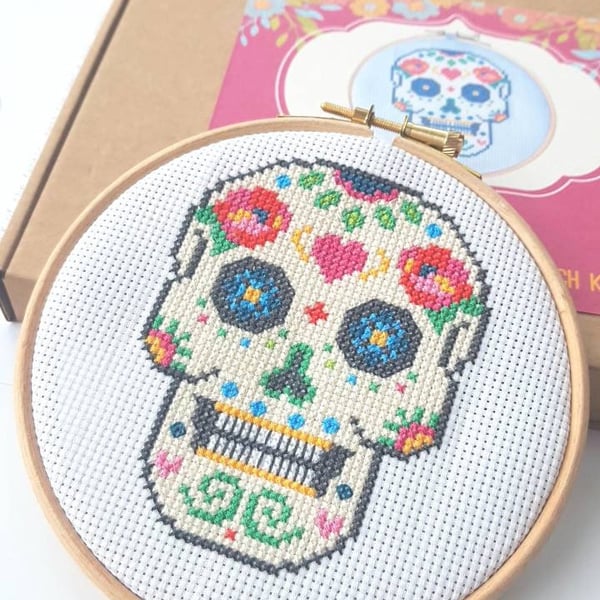 Modern Cross Stitch Kit With Hoop - Sugar Skull