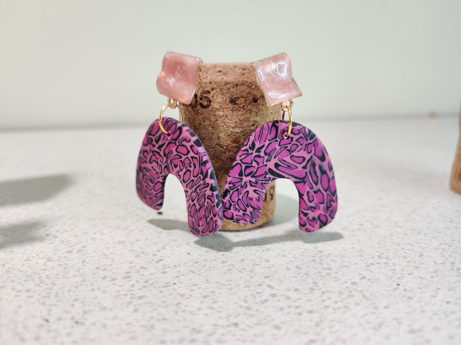 Pink leopard organic arch polymer clay dangle 