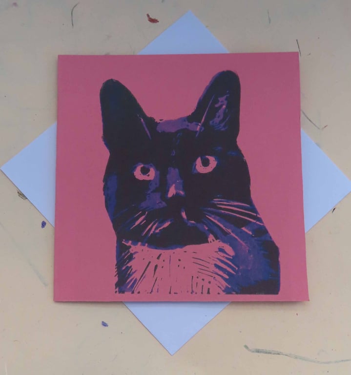 Black Cat Art Greeting Card From Original Lino Cut Print Pink