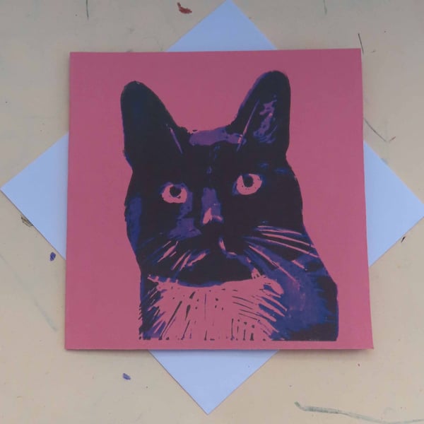 Black Cat Art Greeting Card From Original Lino Cut Print Pink