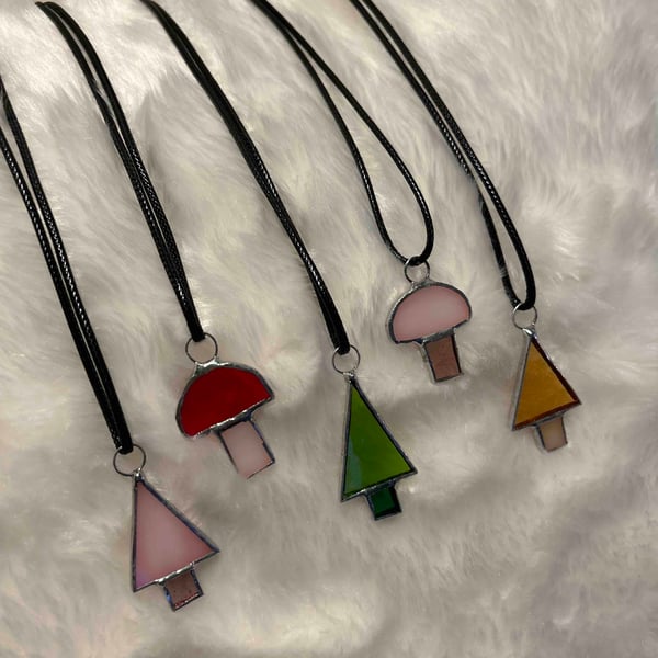 Christmas Tree & Mushroom Necklace Jewellery in Stained Glass with leather strap