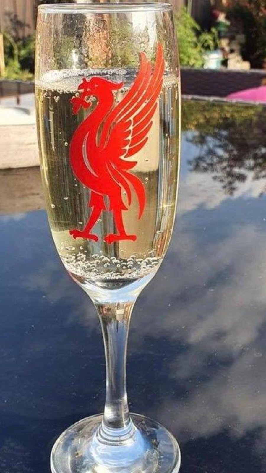 A pair of LFC inspired champagne flutes decorated with vinyl Liverbird's
