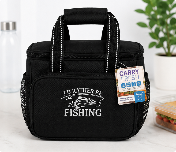 I'd Rather Be Fishing Embroidered Insulated Lunch Bag – Black & White