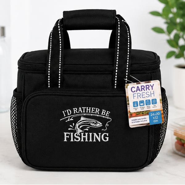 I'd Rather Be Fishing Embroidered Insulated Lunch Bag – Black & White