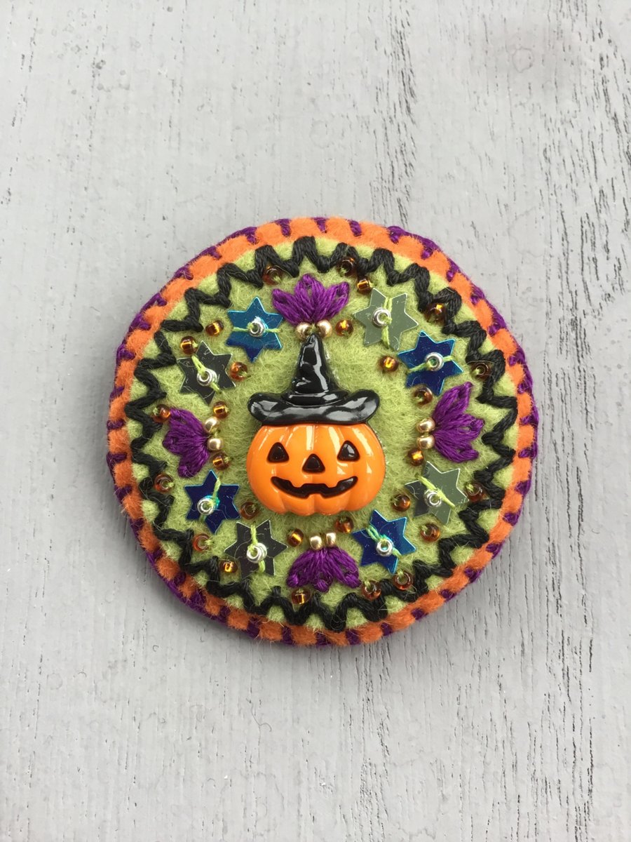 Hand Embroidered Pumpkin Witch Brooch