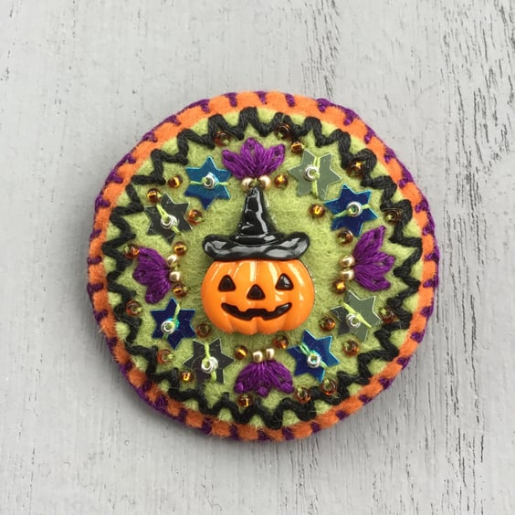 Hand Embroidered Pumpkin Witch Brooch