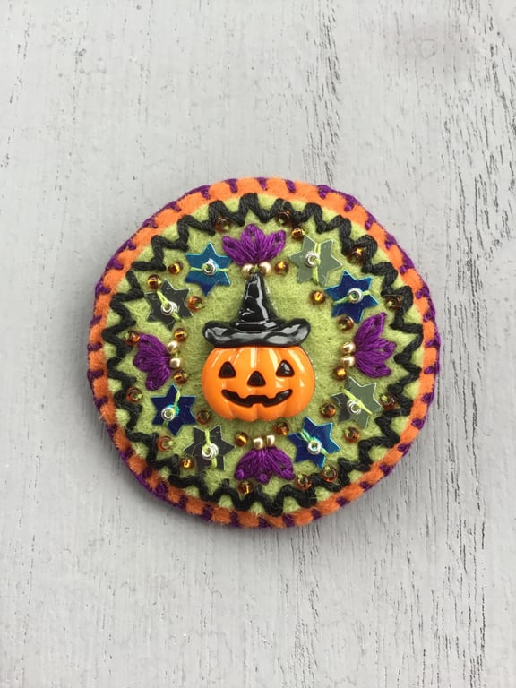 Hand Embroidered Pumpkin Witch Brooch