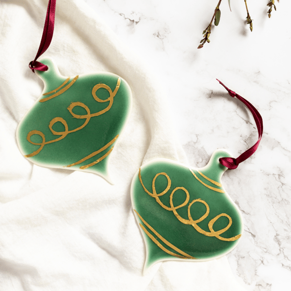 Glazed Porcelain Bauble - Green with Gold Loops - Hanging Decoration 