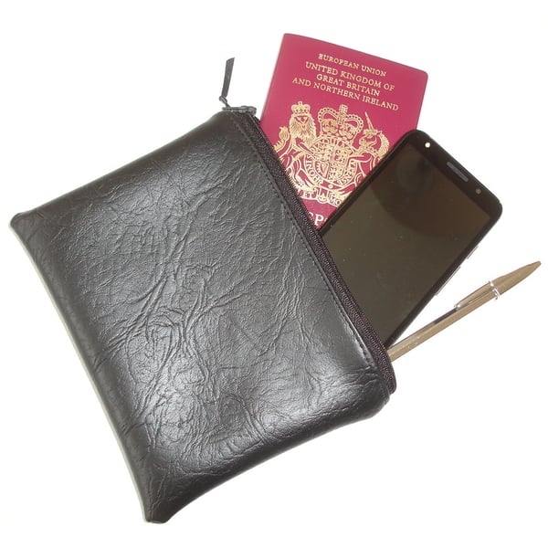 Passport Holder Case Black Faux Leather Leatherette Vegan PVC Large Purse