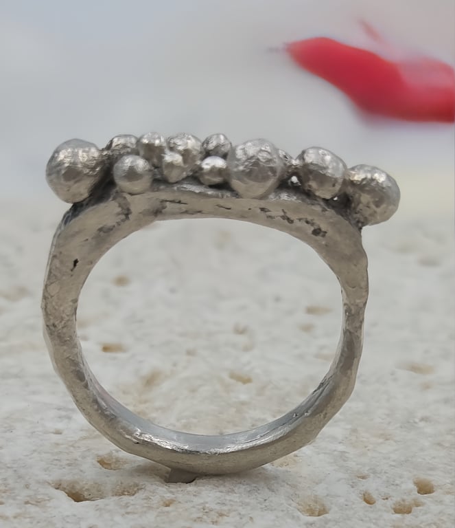 Molten Silver Ring with Fused Molten Silver Granules