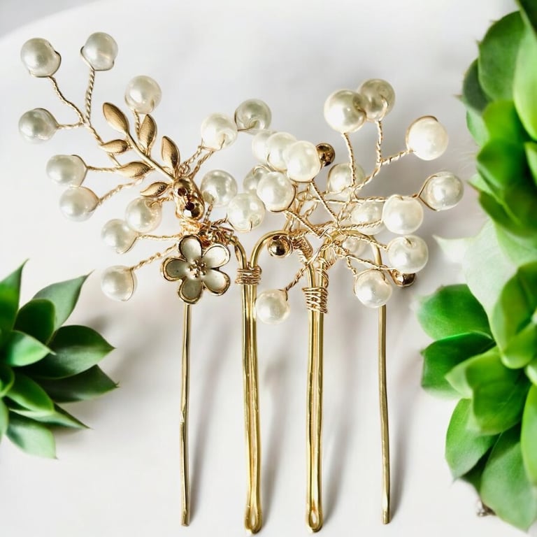 Bride Bridesmaids or Event Hair Comb - Glossy White Pearls, Gold Plated