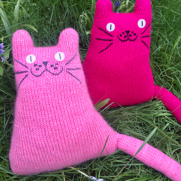 Mohair pink knitted cat cushion,  gift for  a cat lady