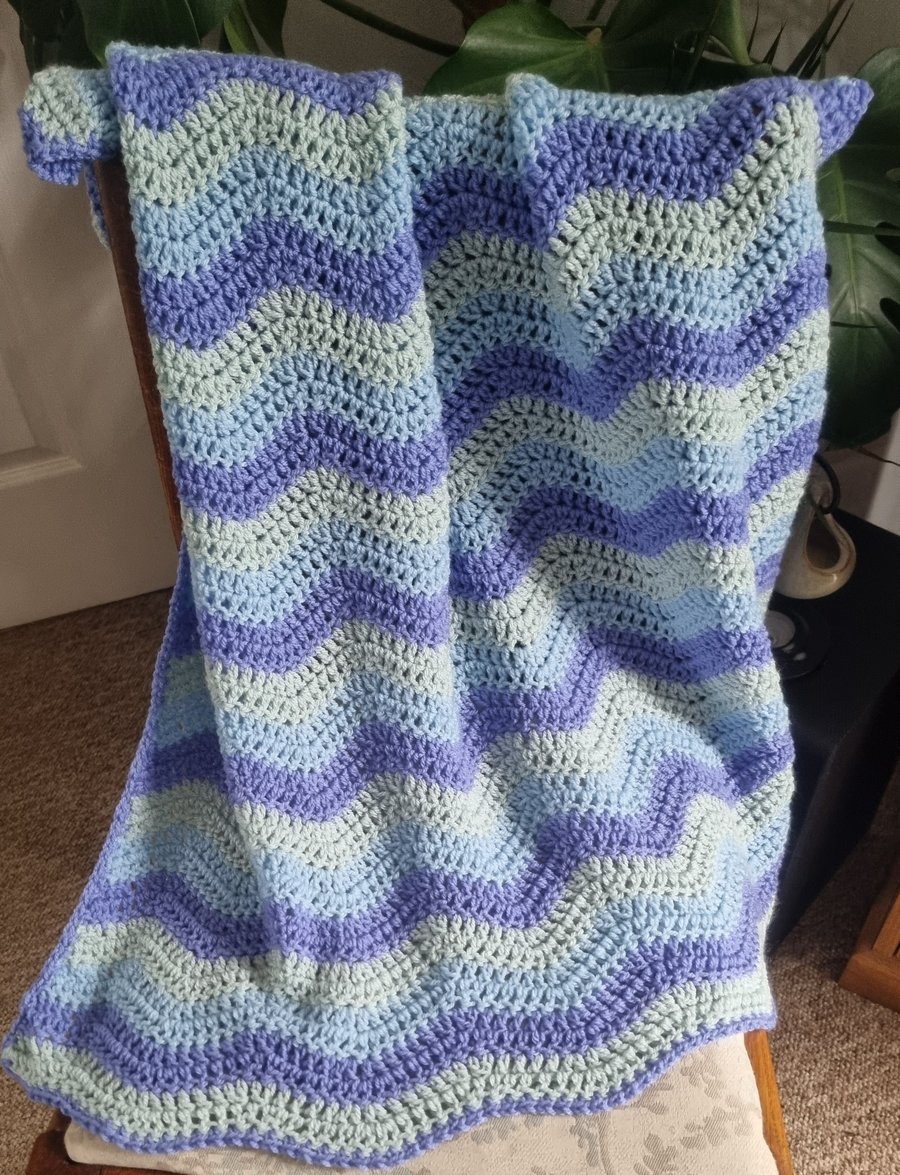Handmade crochet baby blanket, blues, newborn gift, ripple design