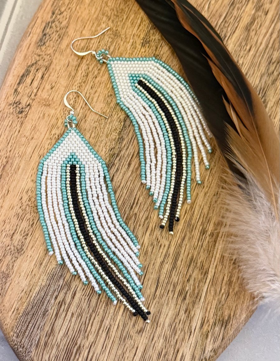 Long turquoise and white Southwestern style beaded fringe earrings 