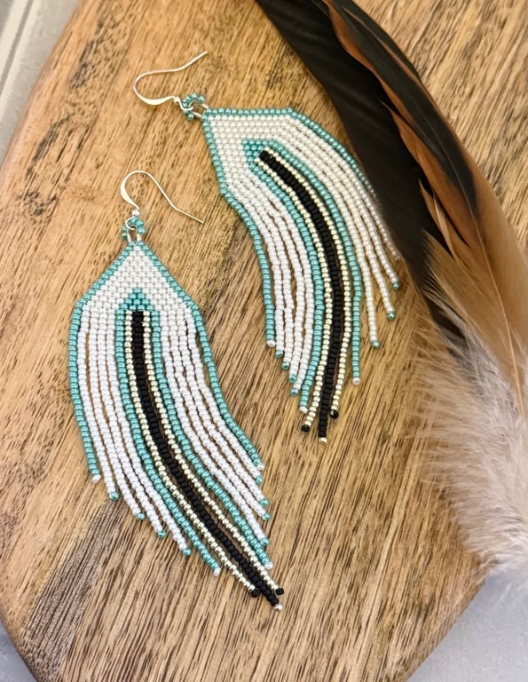 Long turquoise and white Southwestern style beaded fringe earrings 