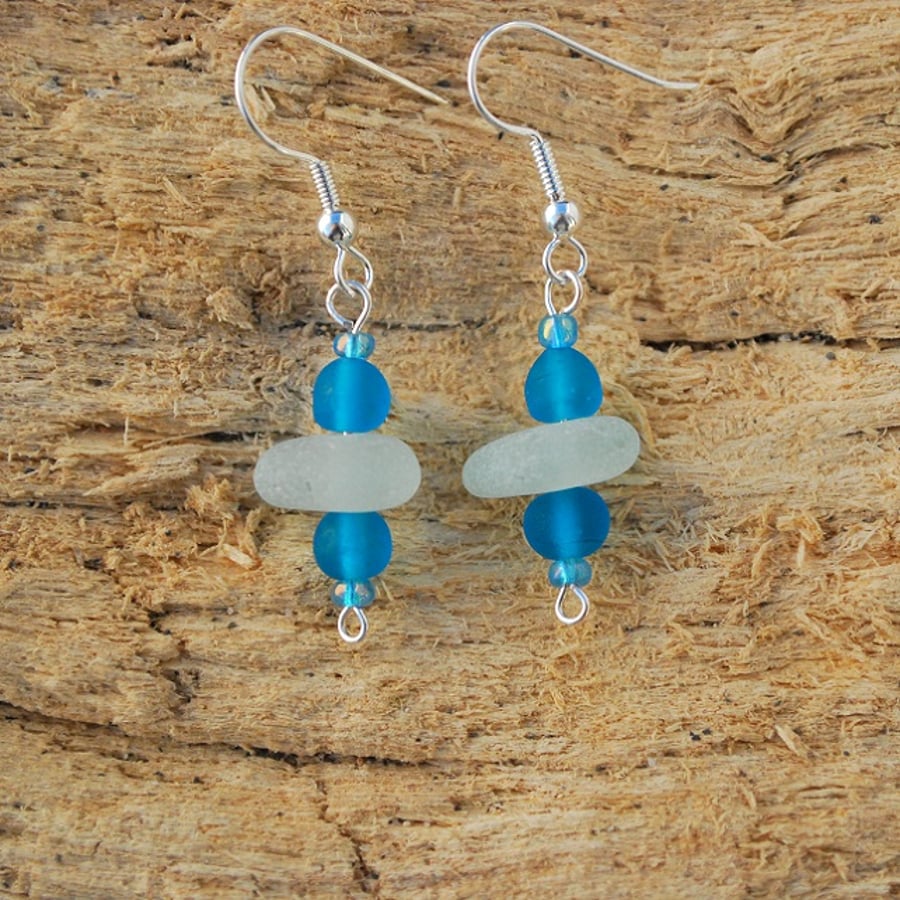 Sea glass earrings with turquoise glass beads