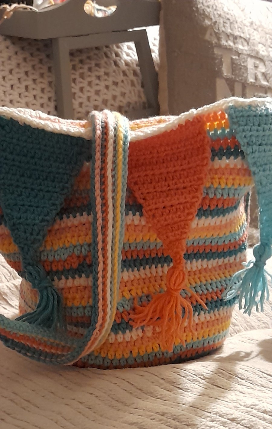 Summer Fun of the Fair Crochet Bag with long strap, shoulder bag, satchel. 