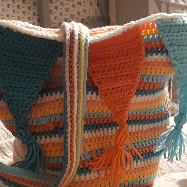 Summer Fun of the Fair Crochet Bag with long strap, shoulder bag, satchel. 