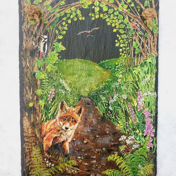 'A Wild Welcome' Fox Cub & Wildlife Slate Painting