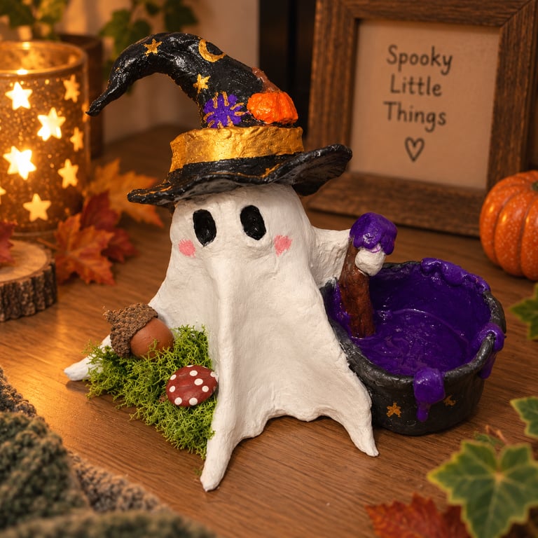 Witchy Ghost Trinket Dish, Handmade Halloween Ghost Decor, Cauldron Ring Holder,