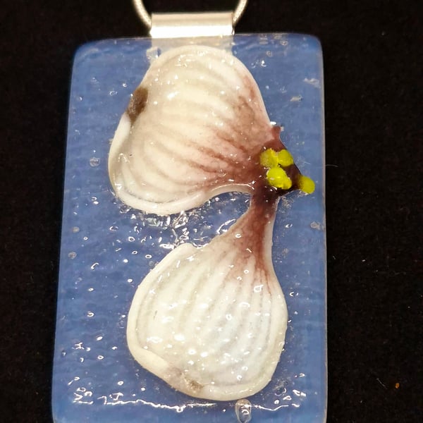 Handmade Fused Glass Botanical Pendant Necklace Pale Dogwood (A)