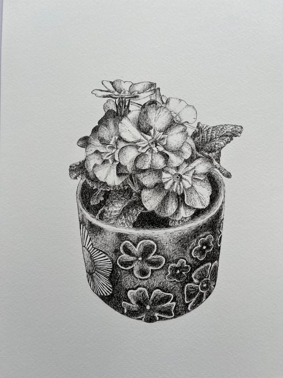 Potted plant original black ink drawing 