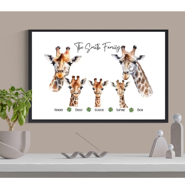 Giraffe Family Name Print, Personalised for family and friends