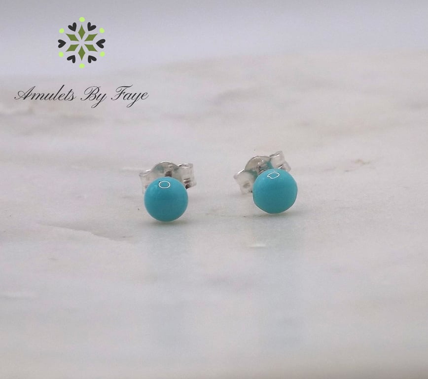 Turquoise Round Cabochon 4mm Gemstone Sterling Silver Stud Earrings.