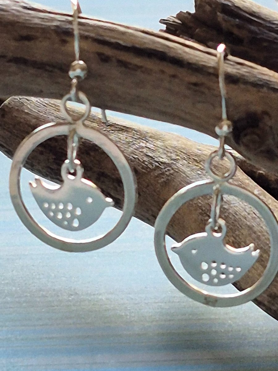 Beautiful Bird Dangle Hoop Earrings Sterling Silver 925 Artisan Silver 