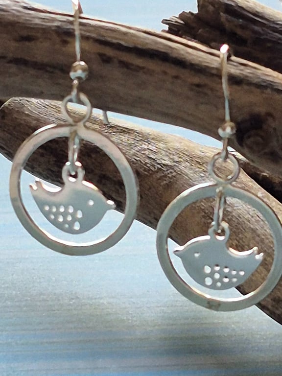 Beautiful Bird Dangle Hoop Earrings Sterling Silver 925 Artisan Silver 