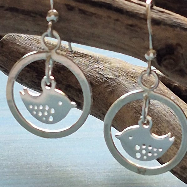 Beautiful Bird Dangle Hoop Earrings Sterling Silver 925 Artisan Silver 