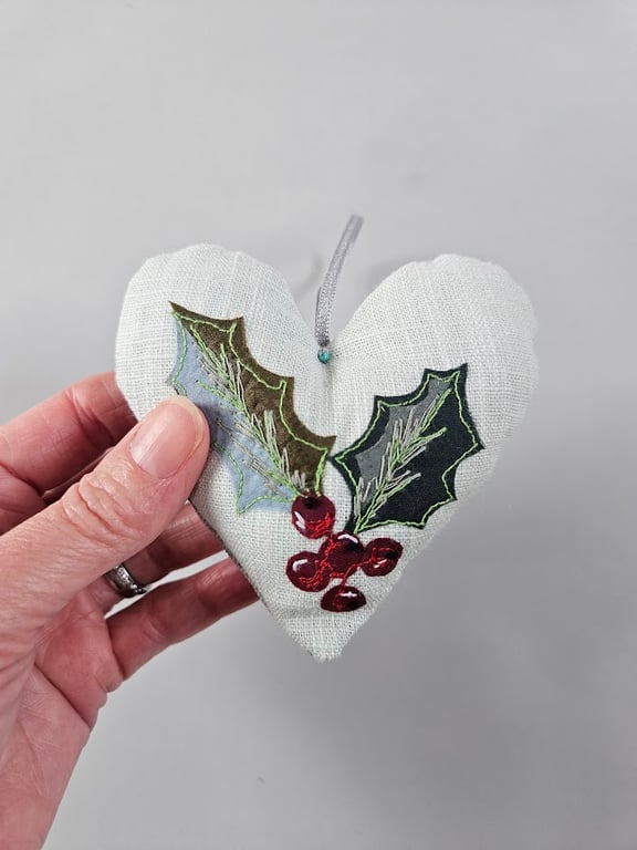 Handmade padded hanging heart, holly, Super Seconds Festival