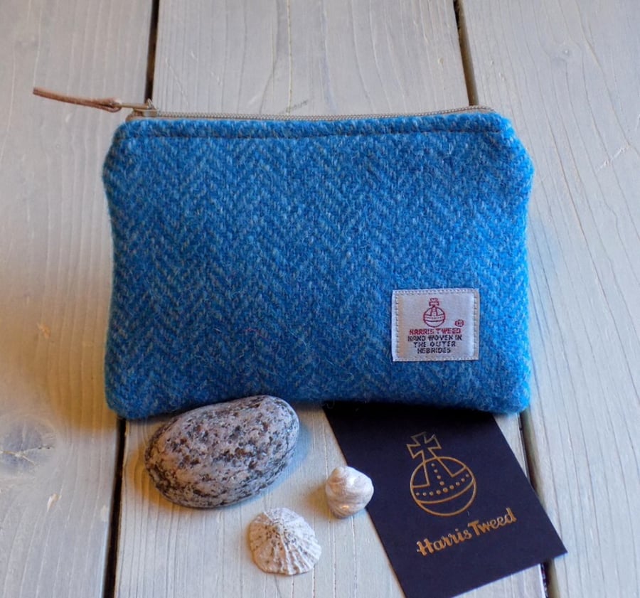 Harris Tweed large coin purse in turquoise and blue herringbone weave