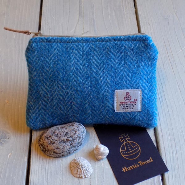 Harris Tweed large coin purse in turquoise and blue herringbone weave
